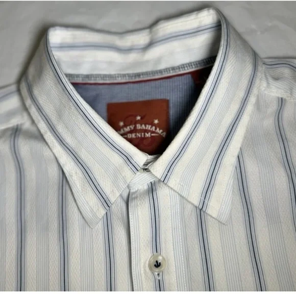 Tommy Bahama Jeans Flip Cuff Striped Button Up Shirt Men L Blue White Beach Camp - Picture 5 of 9